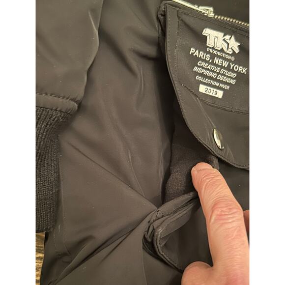 The Kooples Sport Logo Faux Down Fur Hooded Bomber Jacket Puffer Black Coat 2 M - Picture 3 of 14